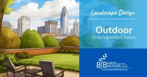 This elegant outdoor area in Charlotte, NC, is perfect for gatherings. It features stylish hardscaping and offers a beautiful view of the city skyline.