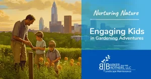 An adult and two children are gardening together in Charlotte, NC, with the city skyline in the background. This scene showcases the joy of connecting kids with nature.