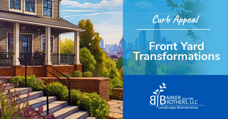 This is a stunning transformation of a front yard in Charlotte, NC. It features a stepped path leading to a classic home, illustrating high curb appeal through expert lawn care and landscaping.