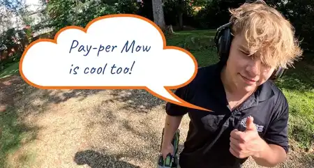 Young lawn care professional in Charlotte, NC, recommending the Pay-per-Mow service with a thumbs up.
