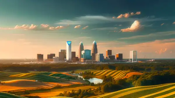View of Charlotte skyline linking to Charlotte lawn care services.