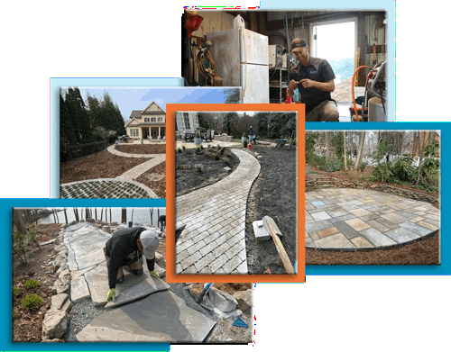 Photo collage showing different stages of a Charlotte landscape design project, from initial layout to completion.