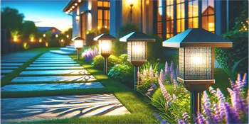 Elegant landscape lighting along a garden path in Charlotte, NC, with illuminated lanterns casting a warm glow on flowering plants at dusk.