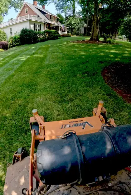 Professional lawn care technician operating a riding lawn mower in a residential area of Charlotte, NC.