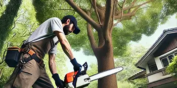 Arborist using a chainsaw to perform canopy raising and tree limb removal near a house.