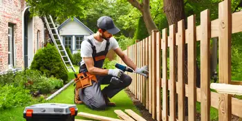A professional installing a wooden fence in a residential backyard.